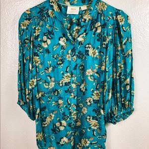 Anthropology Teal Floral Balloon Arm Button Up 4